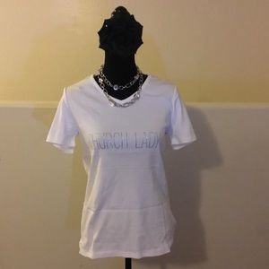 Women's White Church Lady Rhinestone TSHIRT - MED